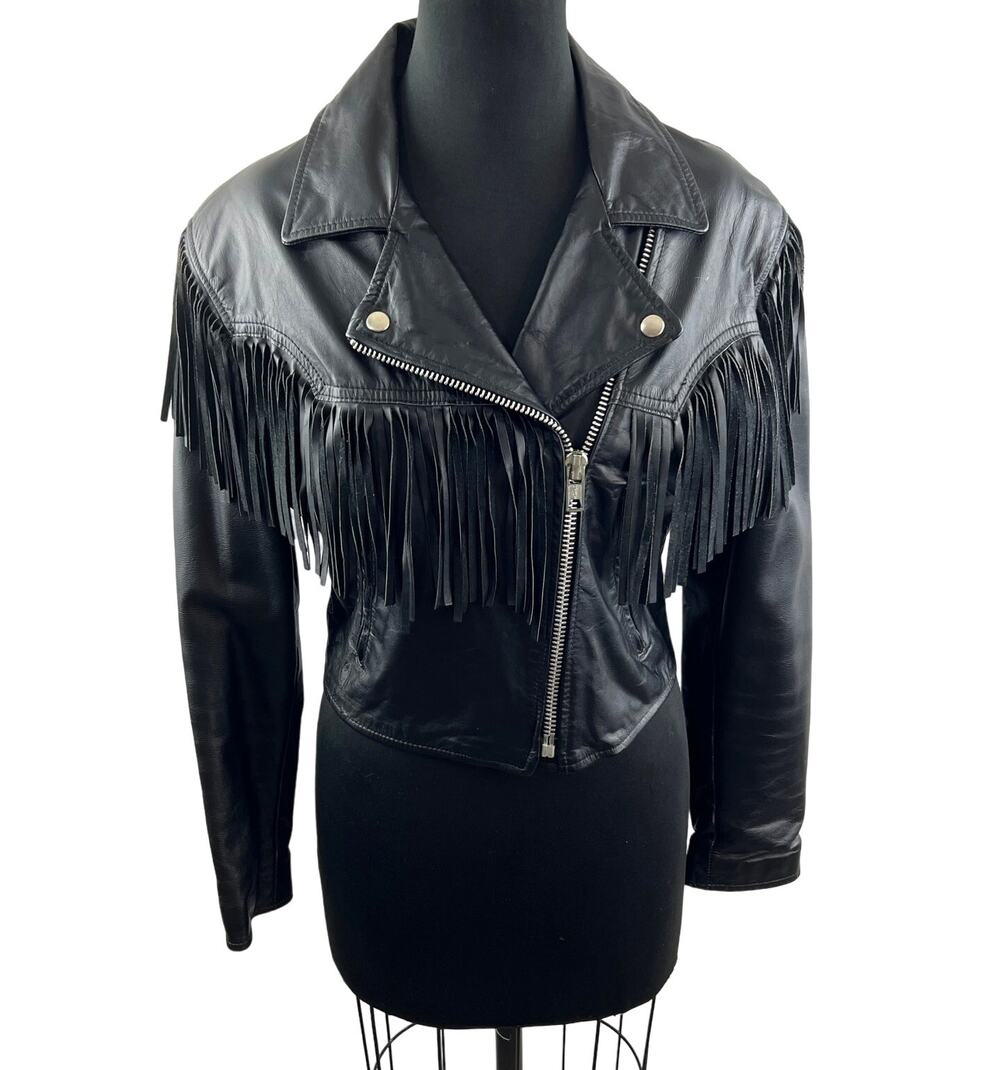 VINTAGE Fidelity Black Cropped Moto Jacket Leather Fringed Notch Lapel Zip 12
